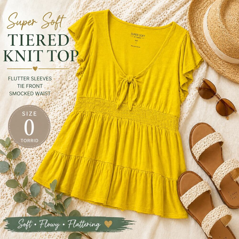 Torrid Super Soft Yellow Peplum Top Sz 0 Flutter Sleeve Smocked Waist Tie Front